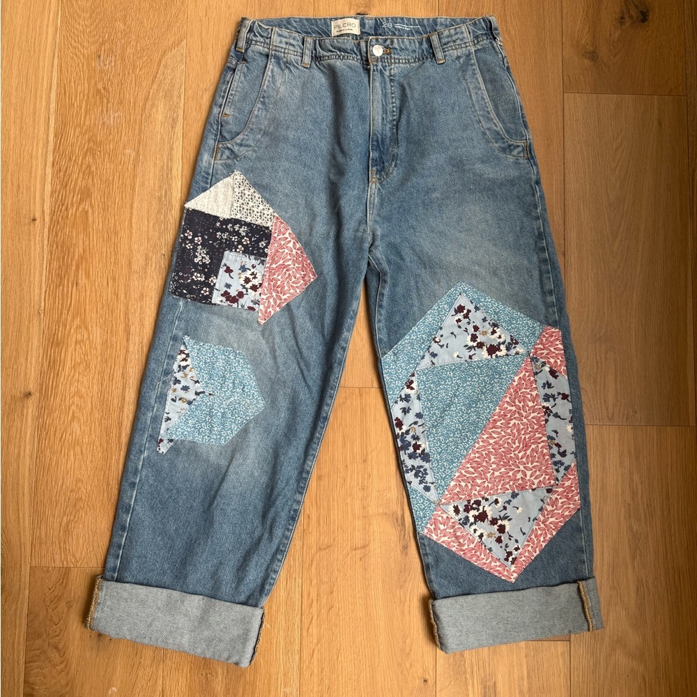 Pilcro Blue and Pink Boyfriend Jeans with Patchwork Design